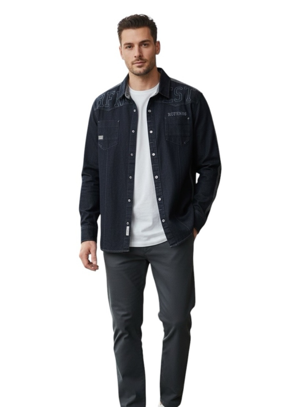 RUFEN Men’s XXL Embroidered Denim Button Down Shirt | Cotton Stretch Long Sleeve